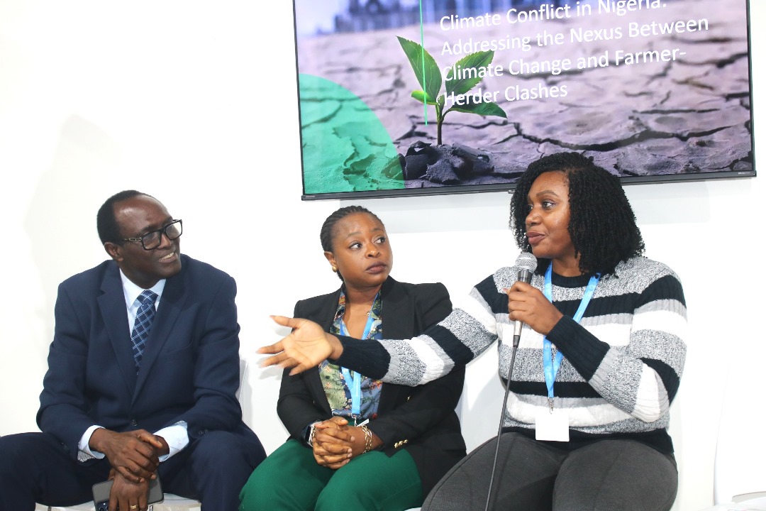 Anne-Marie Abaagu (with microphone), ED, WEP Nigeria, speaking on a panel, during a side event on addressing the impacts of climate change on farmer-herder clashes in Nigeria, at Nigerian Pavilion in Baku